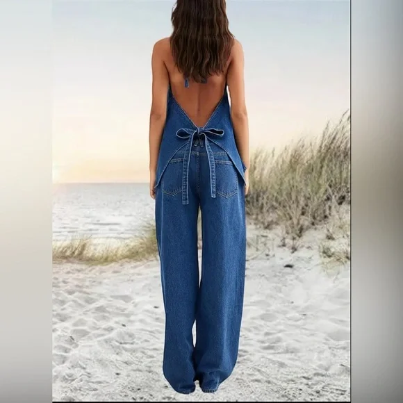 14.Premium Denim Two PiecesSet Button Backless Halter Top Wide Leg Jeans Stylish - Picture 4 of 7